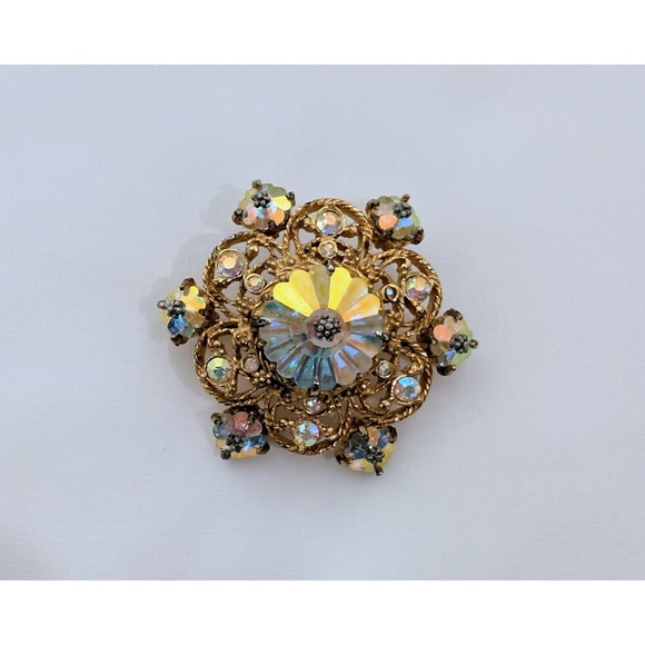 Vintage Edwardian Aurora Borealis Prong Set Rhinestone Filigree Brooch LT101 - Picture 1 of 5